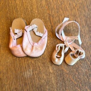 Assorted pink satin vintage doll shoes/slippers, 1 pair and 2 close matches
